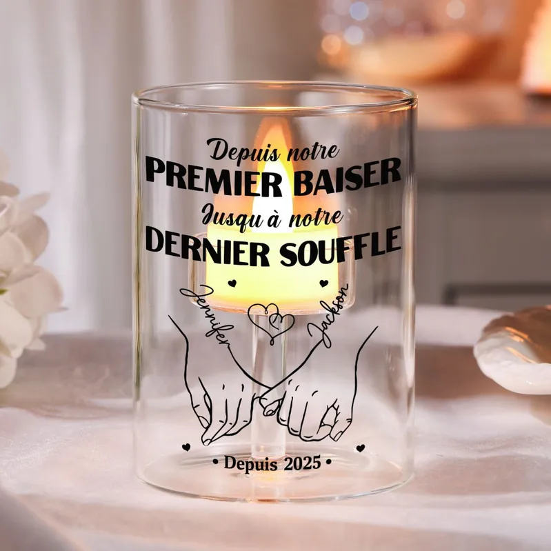 Bougeoir en verre personnalisé avec prénoms et date, Photophore couple | Jessemade Affaire À Saisir