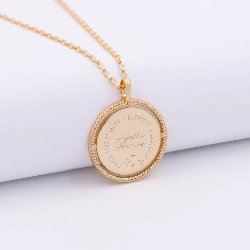 Top Vente Pendentif personnalisé médaille réversible contour tressé Eternelle gravée plaqué or 18 mm - HappyBulle x Capucine