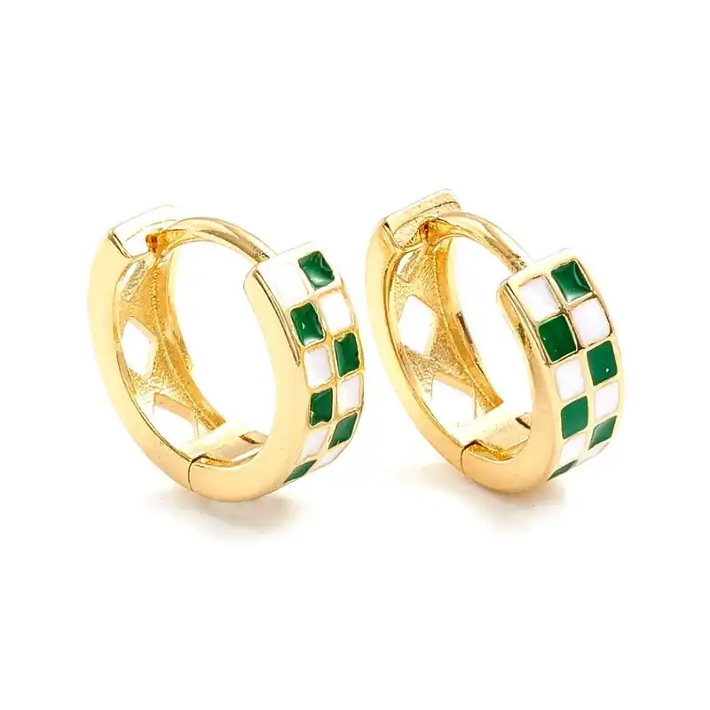 Boucles d'oreilles Créoles damier vert et blanc doré à l'or fin Soldes