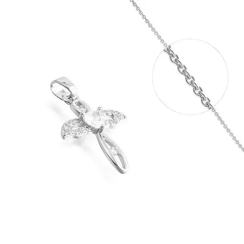 Collier platine chaîne et pendentif croix ailes oxyde blanc Offre Exclusive