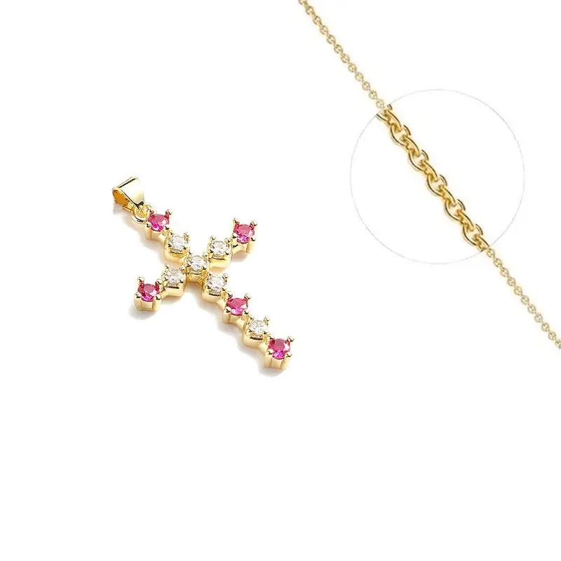 Collier doré chaîne et pendentif croix oxydes de couleurs rouge et blanc Vente Flash