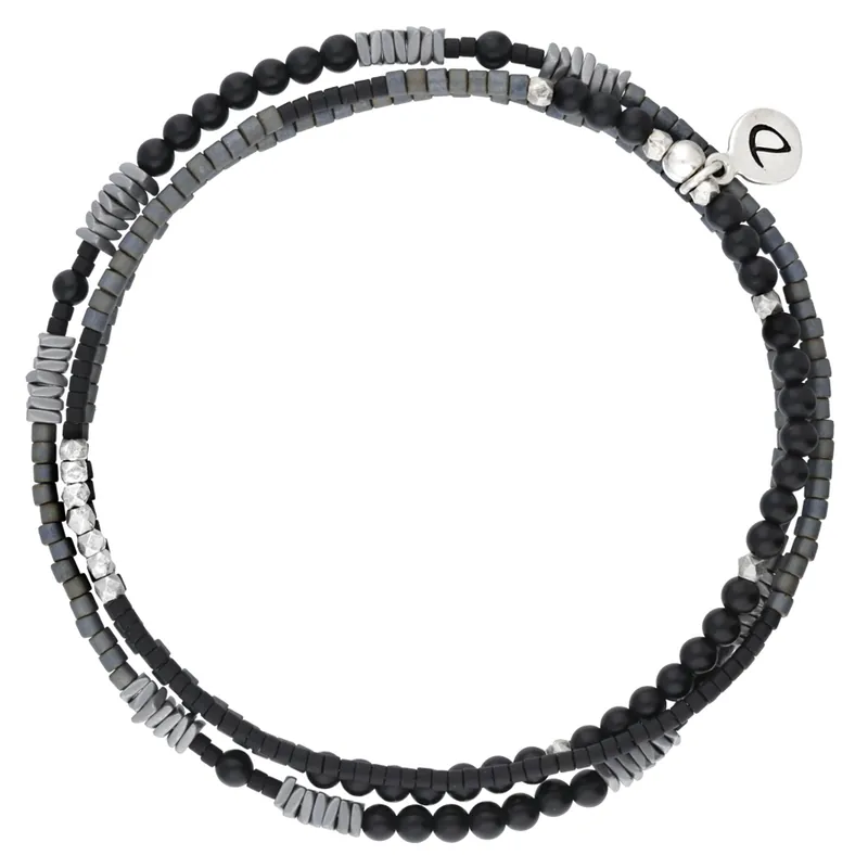 BRACELET HOMME ÉLASTIQUE TRIPLE TOURS NOIR ET GRIS Prix Promo