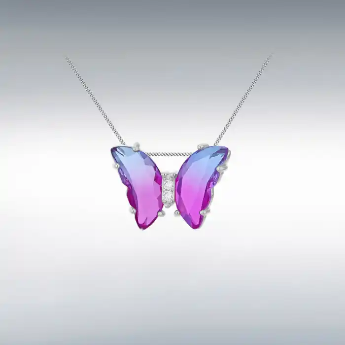 Top Vente Pendentif papillon en verre rose et oxydes argent