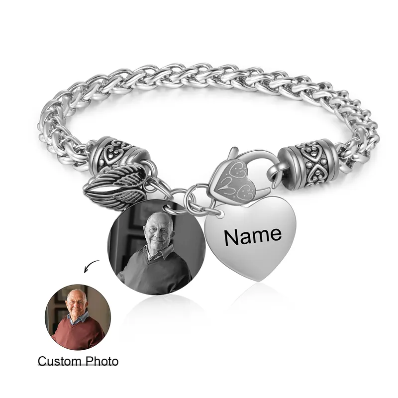 Bracelet Coeur et Ailes commémoratif 1 Prénom Personnalisé avec photo Avec Carte commémorative Bracelet Personnalisé | Jessemade Promotion Saisonnière