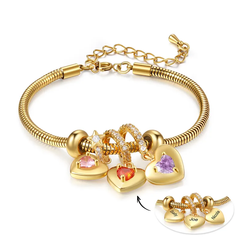 Bracelet Personnalisé avec 3 Prénoms et Pierres de Naissance Bracelet Pendentif Coeur Personnalisable Avec Coffret | Jessemade Offre Du Jour