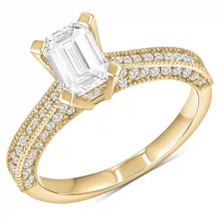 Acheter En Ligne Bague Gladstonissime solitaire pavé diamant de laboratoire taille émeraude et profil étincelant en or jaune 14k