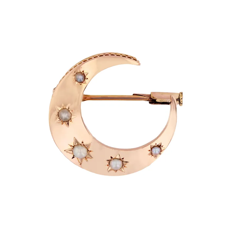 Vente Flash Broche croissant de lune or rose et perles fines