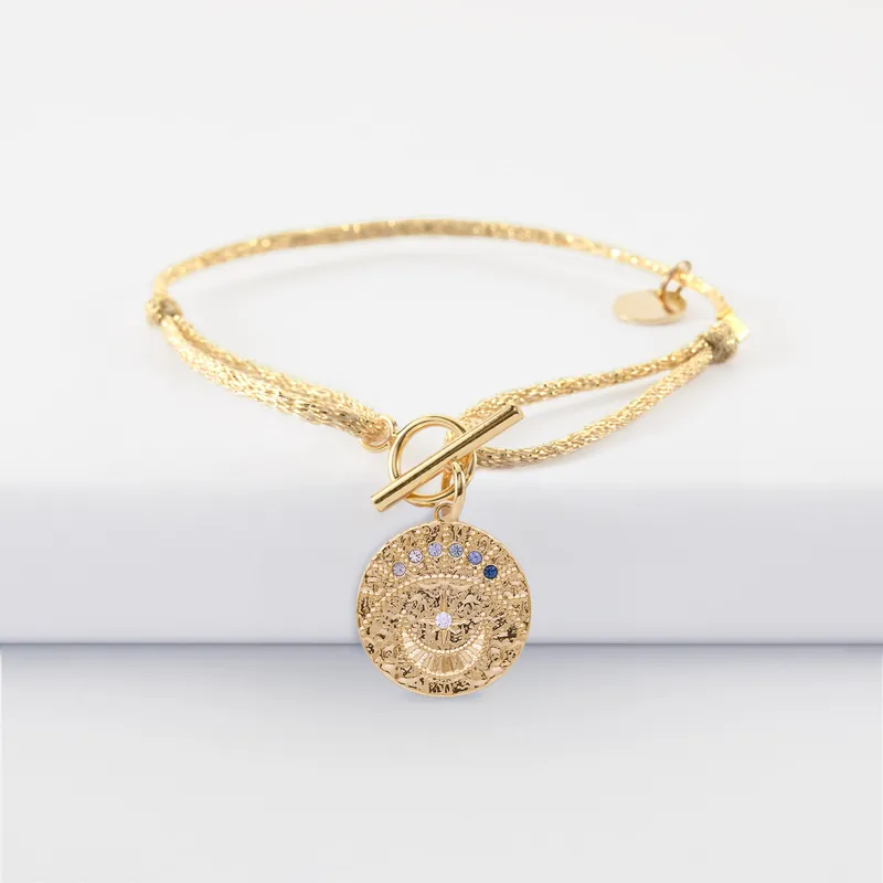 Prix Choc Bracelet fermoir personnalisé cordon pailleté médaille Lune zircons crépuscule gravée plaqué or 16 mm