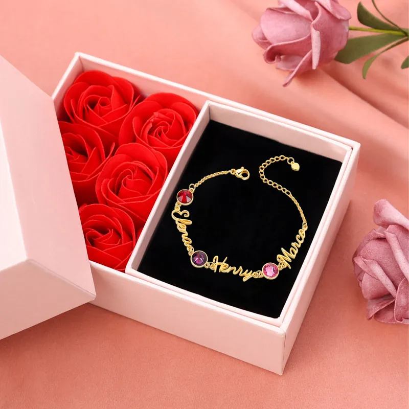 Vente Flash Bracelet Breloque 3 Prénoms Personnalisé Bracelet Pierre De Naissance pour Femmes|Jessemade