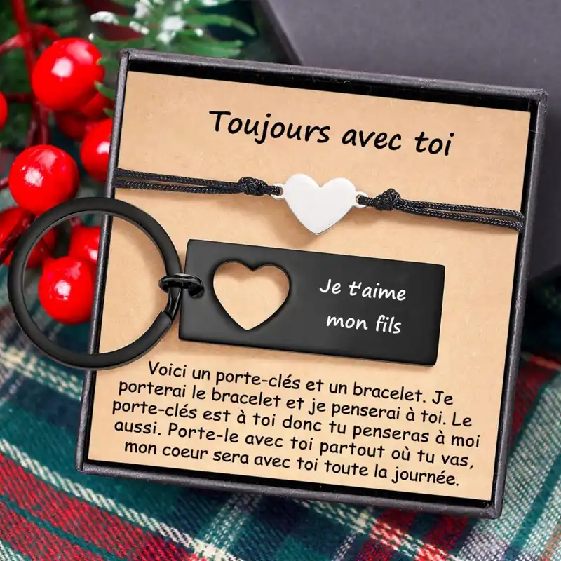 Jusqu’à Épuisement Des Stocks À Mon Fils - 2PCS Ensemble de Porte-clés et Bracelet Cœur 1 Texte Personnalisé