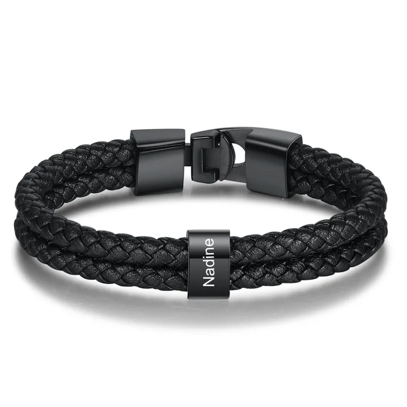Bracelet Papa personnalisé en cuir tressé noir — 1 à 8 prénoms | Jeesemade Fait Main