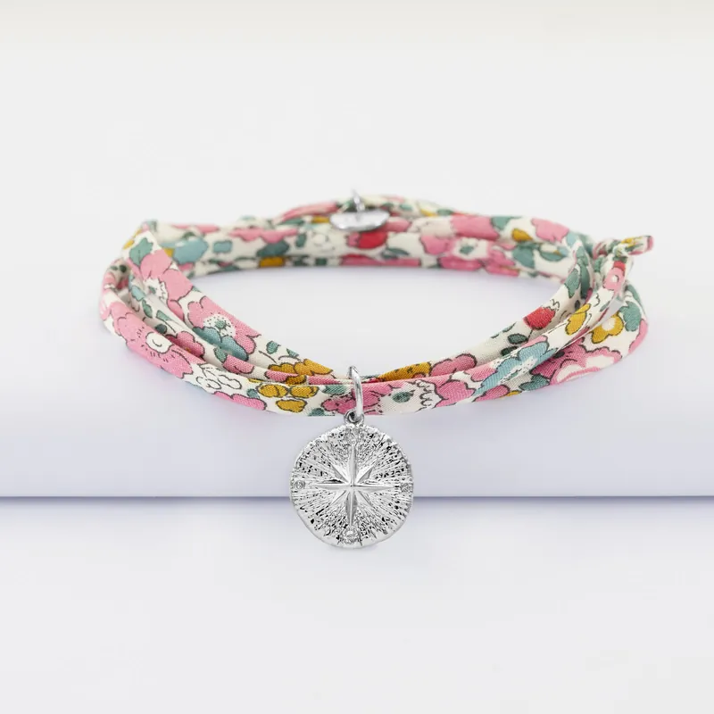 Remise Bracelet 3 tours Liberty personnalisé médaille gravée argent rose des vents texturée 14 mm
