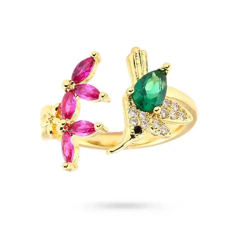 Bague femme réglable oiseau fleur sertis d'oxydes de couleurs Livraison Express
