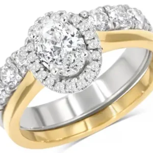 Set alliances Louisianne diamant de lab ovale .70ct en halo et semi-éternité large en or 10k deux tons Acheter En Ligne