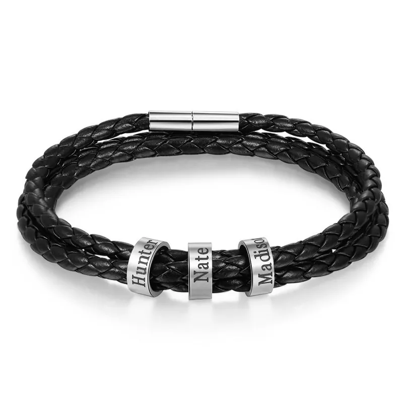 Bracelet Cuir Bracelet Personnalisé Homme tressé Prénom Personnalisé Avec 3 Perles|Jessemade Achat Immédiat