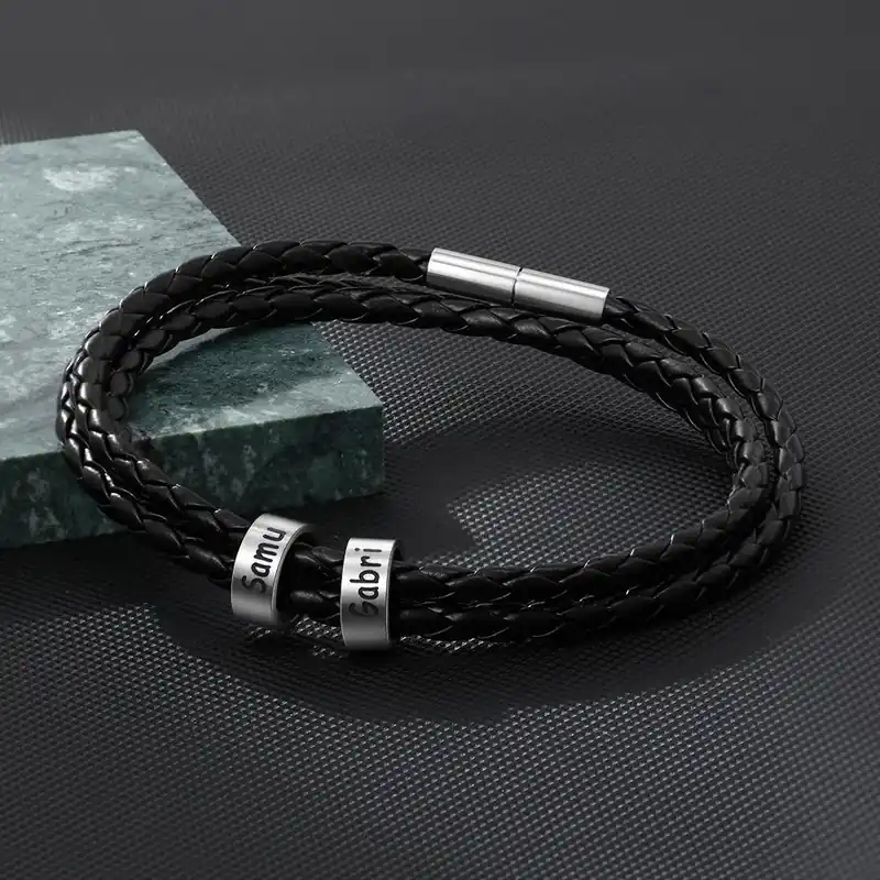 Petit Prix Bracelet Cuir tressé Bracelet Personnalisé Homme Prénom Personnalisé Avec 2 Perles|Jessemade