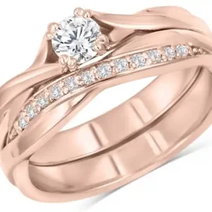 Set d'alliances Anmari solitaire torsadé et joncs à diamants en or rose 14k pour femme Expédition Rapide