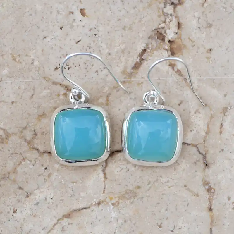 Vente Flash Boucles d'oreilles carrees pierre Calcedoine et argent