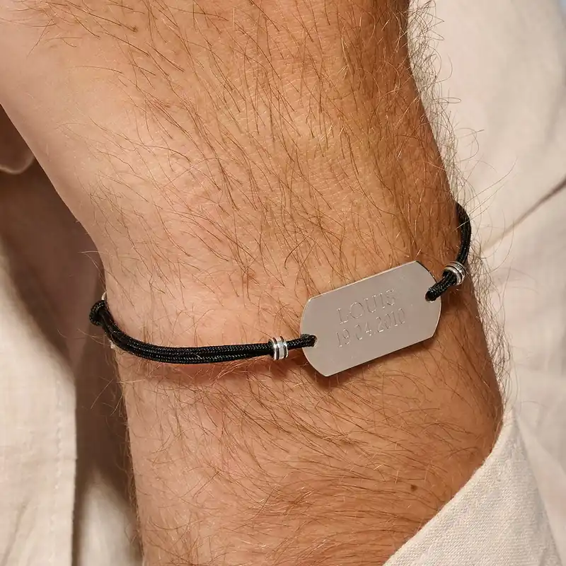 Promotion Saisonnière Bracelet Cordon Homme Plaque Argent À Graver Noir 28mm Argent 925