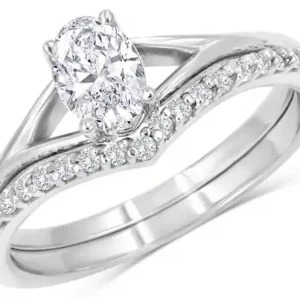 Set d'alliances Vélanie diamant de laboratoire ovale anneau ouvert et jonc chevron en or blanc 14k Offre Limitée