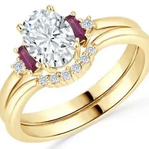 Set d'alliances Risana diamant ovale de laboratoire 1 carat et rubis baguette en or jaune 14k pour femme Garantie Incluse
