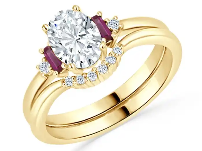 Set d'alliances Risana diamant ovale de laboratoire 1 carat et rubis baguette en or jaune 14k pour femme Garantie Incluse