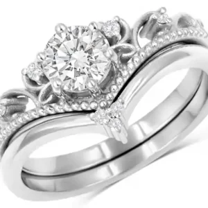 Set d'alliances Velina diamant de laboratoire volutes vintage et anneau chevron en or blanc 10k pour femme Livraison Gratuite