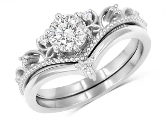 Set d'alliances Velina diamant de laboratoire volutes vintage et anneau chevron en or blanc 10k pour femme Livraison Gratuite