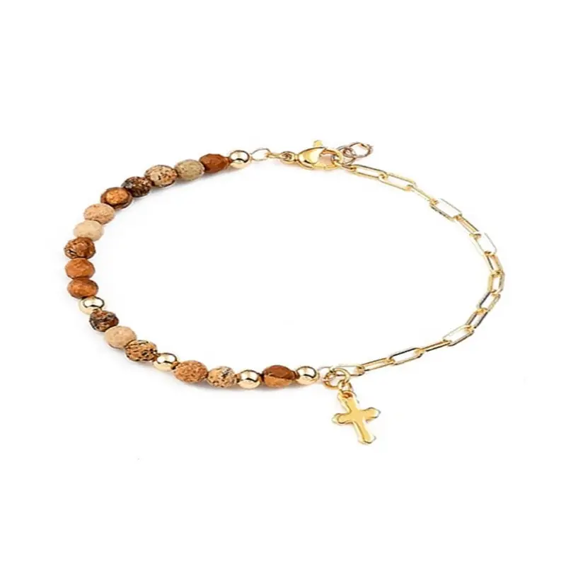Artisanat Bracelet pour femme - perles naturelles jaspe breloque croix