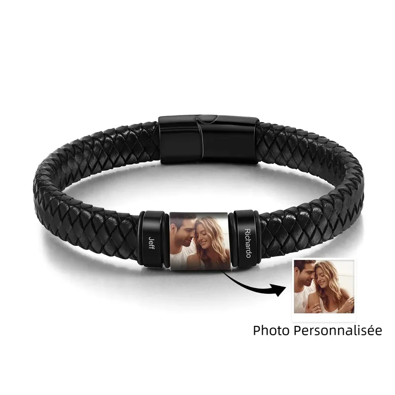 Top Vente Bracelet Cuir Bracelet Photo Personnalisé avec 2-4 Prénoms pour Homme | Jessemade