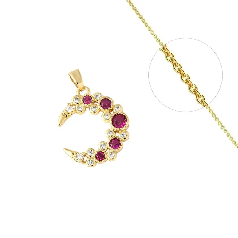 Authentique Collier chaîne et pendentif lune rouge zirconiums sertis