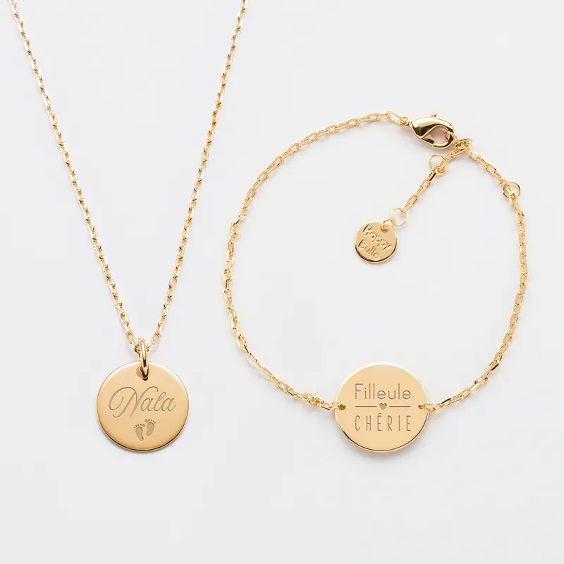 Vente Flash Parure enfant personnalisé pendentif et bracelet chaîne médailles gravées plaqué or 15 mm