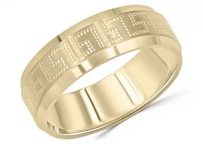 Jonc Eirene 6 mm motifs clé grecque en pointillé style versace biseauté en or jaune 10k pour femme Dernier Modèle