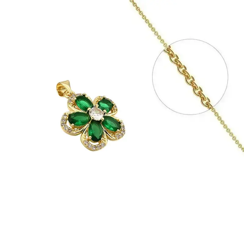 Original Collier doré chaîne et pendentif fleur vert zirconiums sertis