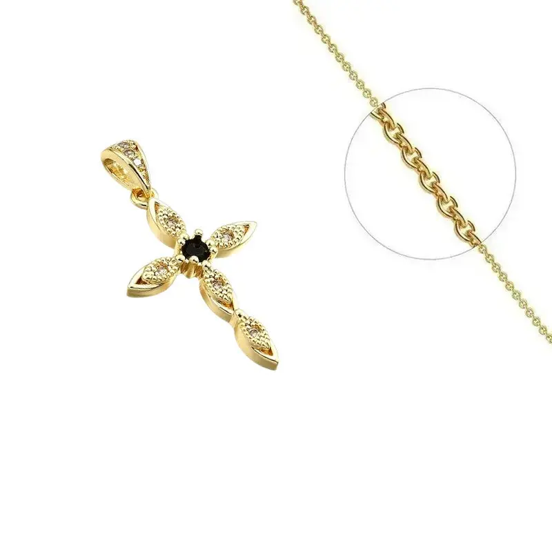 Certifié Collier doré chaîne et pendentif croix zirconiums blanc et noir sertis