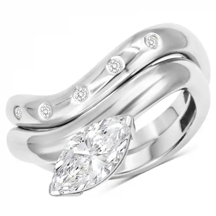Offre Limitée Altina – Curved Cloud-Inspired Bridal Set in 14K White Gold with 1.00CT Marquise Lab Grown Diamond