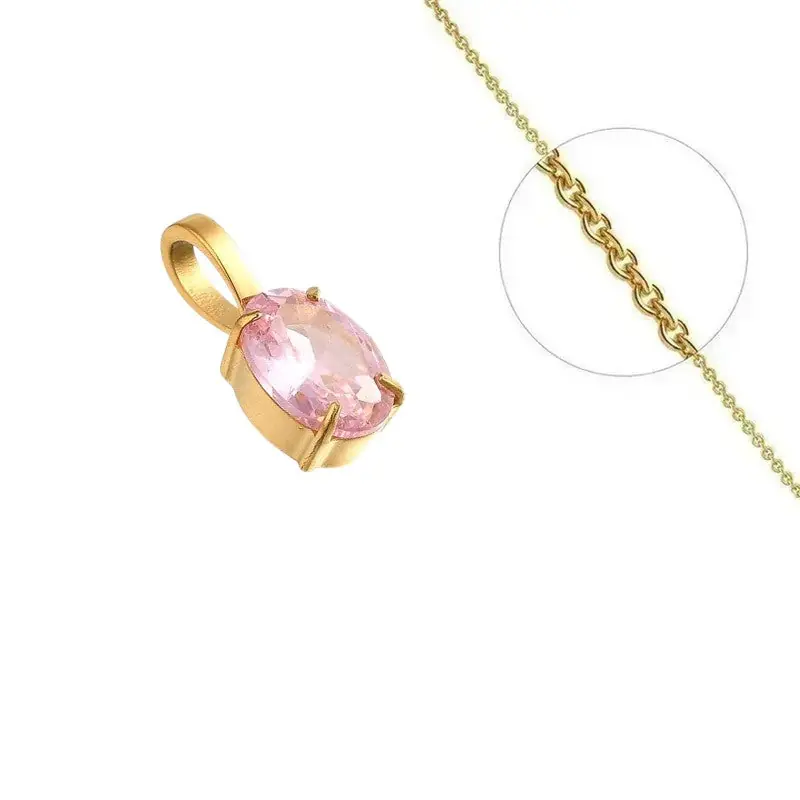 Gros Lot Collier doré chaîne et pendentif solitaire zirconium rose serti