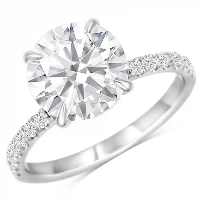 Offre Exclusive Bague Astréa solitaire pavé 3.00ct moissanite griffes tigre et halo surprise en or blanc 10k pour femme