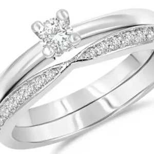 Certifié Set alliance Karina solitaire classique diamant .14ct et jonc pincé scintillant en or blanc 14k