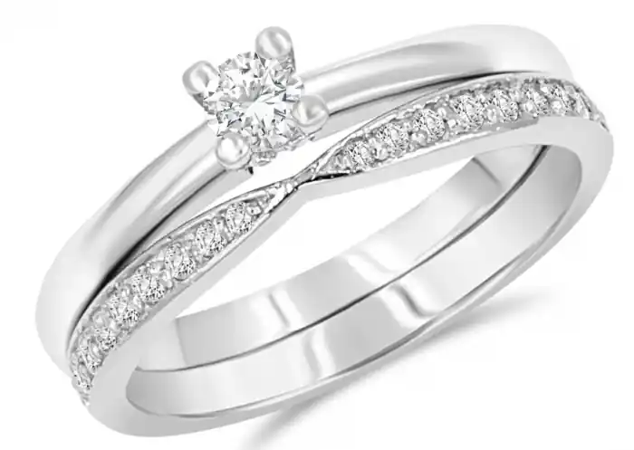 Certifié Set alliance Karina solitaire classique diamant .14ct et jonc pincé scintillant en or blanc 14k