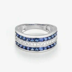 Promotion Bague Or Blanc 375/1000 "Princesses Saphir" Diamant 0,17/18 Saphir 1,7/26