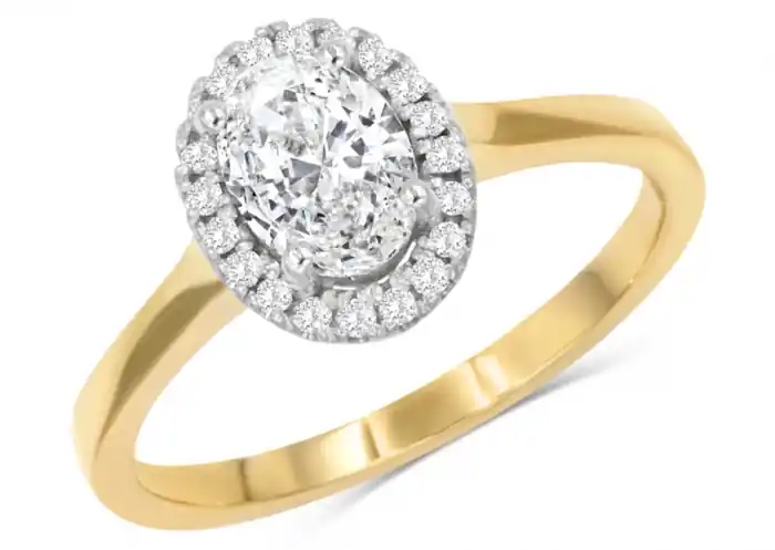 Expédition Rapide Bague Bluma halo ovale moissanite 7x5 mm et halo de diamants en or jaune 10k pour femme