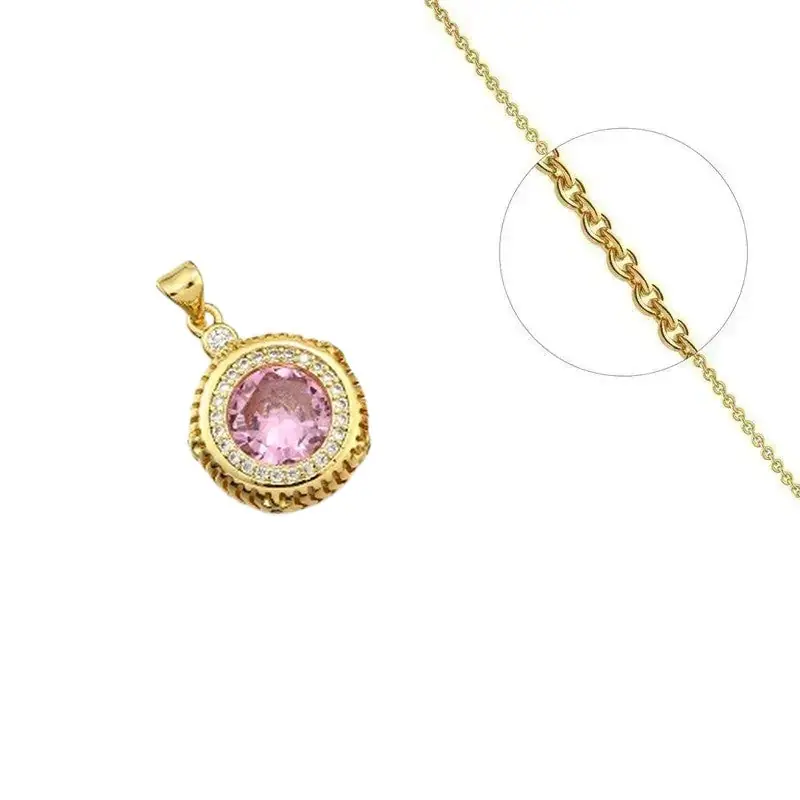 Original Collier doré chaîne et pendentif rosace rose orné de zirconiums sertis