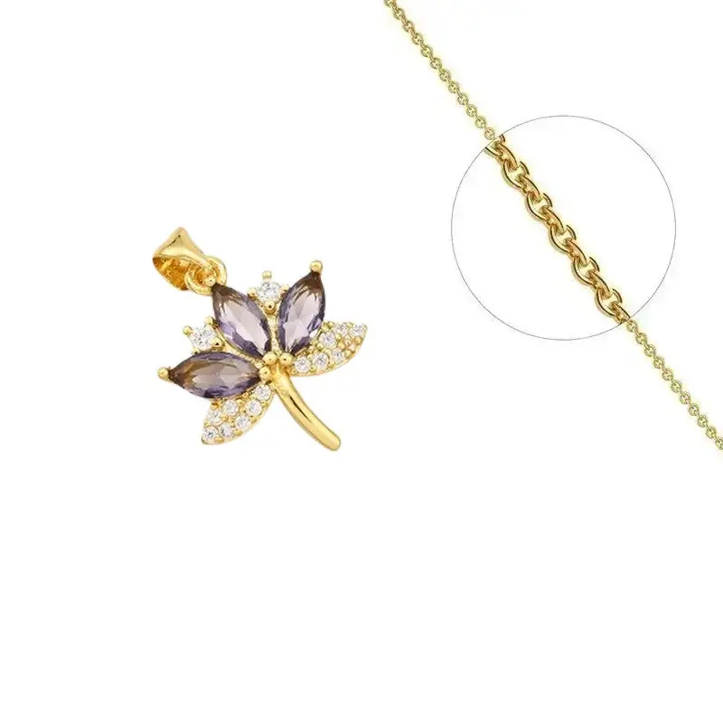 Pas Cher Collier doré chaîne et pendentif feuille de cannabis violette orné de zirconiums sertis
