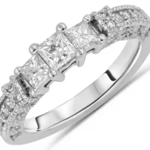 Meilleure Vente Bague Théolympe trinité vintage diamants princesse et millegrain en or blanc 14k pour femme