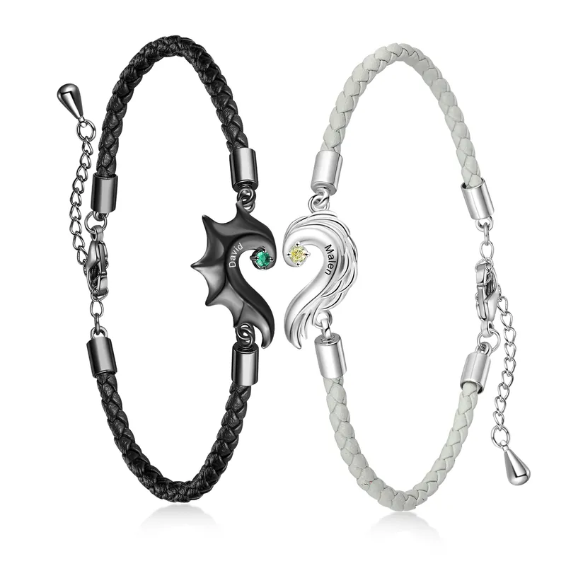 2PCS Bracelet 2 Prénoms Personnalisé avec pierre de naissances Bracelet En Commun pour couple|Jessemade Marque