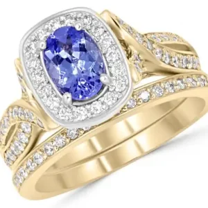 Set d'alliances Sanda tanzanite ovale et halo de diamants sur joncs croisés en or 14k deux tons Meilleur Choix