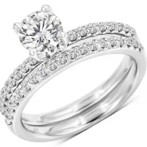 Expédition Rapide Set d'alliances Béatrix diamant de laboratoire solitaire .70ct et semi-éternité double en or blanc 14k
