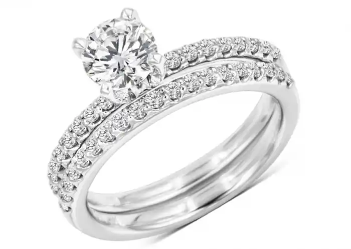 Expédition Rapide Set d'alliances Béatrix diamant de laboratoire solitaire .70ct et semi-éternité double en or blanc 14k