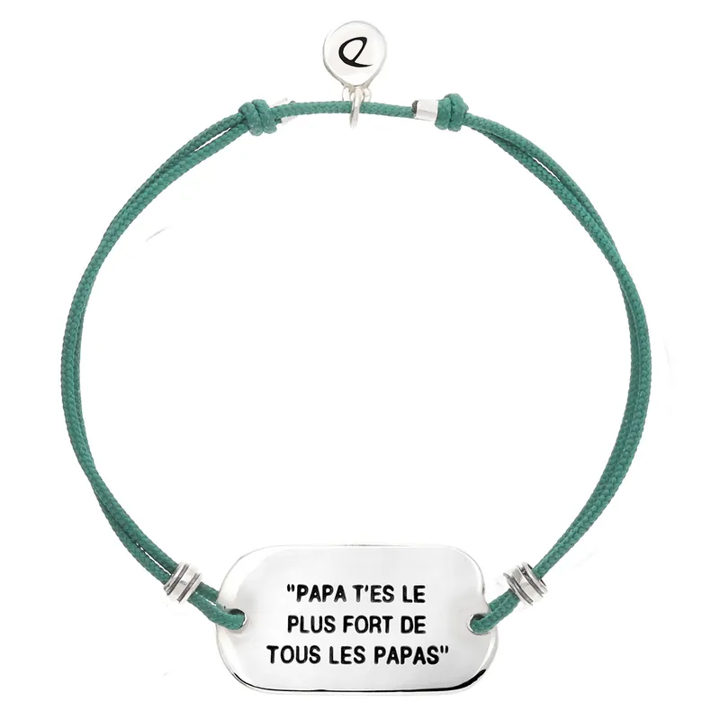 BRACELET MESSAGE HOMME "PAPA T'ES LE PLUS FORT DE TOUS LES PAPAS" CORDON VERT BLEU Garantie Incluse